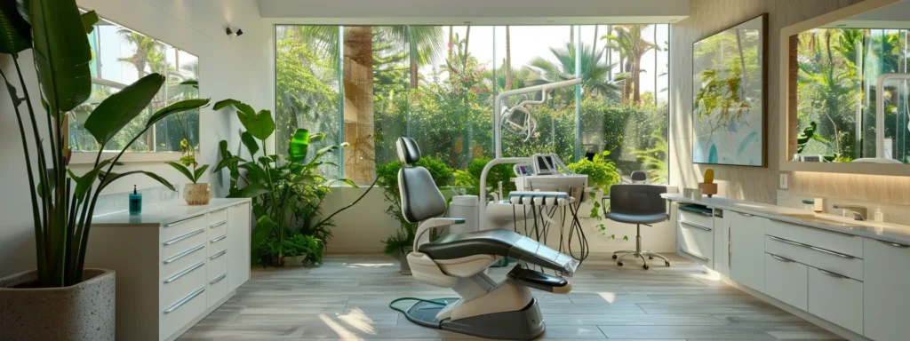 a bright and inviting dental clinic in beverly hills, featuring modern, sleek design elements and lush greenery, radiating a sense of comfort and accessibility for patients seeking affordable care.