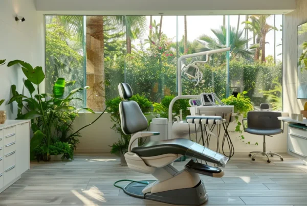 a bright and inviting dental clinic in beverly hills, featuring modern, sleek design elements and lush greenery, radiating a sense of comfort and accessibility for patients seeking affordable care.