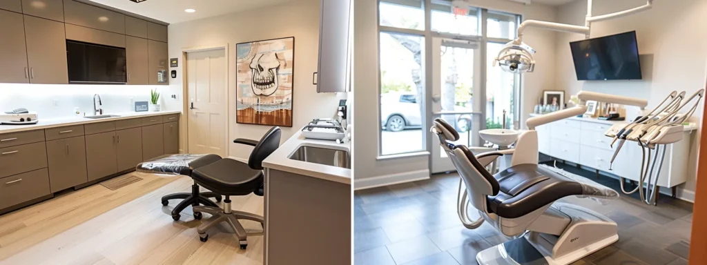 a split-screen image contrasting a warm, inviting family dental clinic in a cozy neighborhood with a luxurious, sleek dentist office featuring high-end decor, capturing the essence of affordable versus expensive dental care in beverly hills.