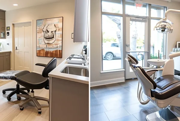 a split-screen image contrasting a warm, inviting family dental clinic in a cozy neighborhood with a luxurious, sleek dentist office featuring high-end decor, capturing the essence of affordable versus expensive dental care in beverly hills.
