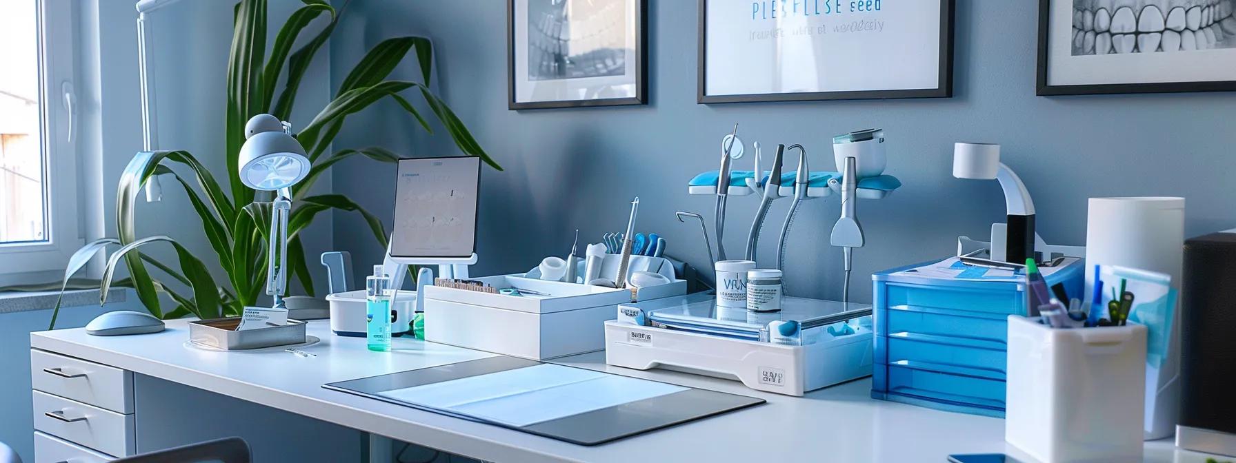 a well-organized and modern home office setup, featuring a sleek desk with a dental care kit prominently displayed, conveying a sense of professionalism and readiness to manage emergency dental care confidently.